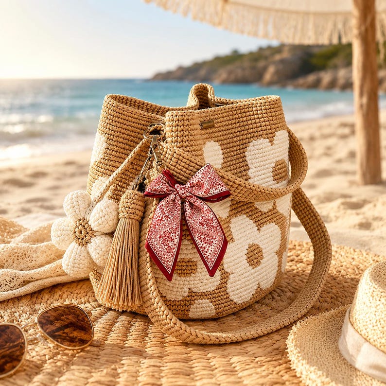 Handmade Crochet Flower Tote Knit, Summer Vacation Travel Floral Purse Bag, Boho Beach Handbags, for Women Vacation