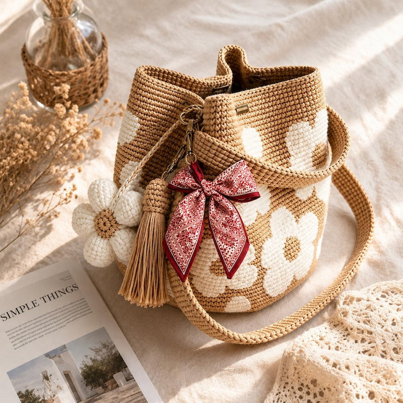 Handmade Crochet Flower Tote Knit, Summer Vacation Travel Floral Purse Bag, Boho Beach Handbags, for Women Vacation
