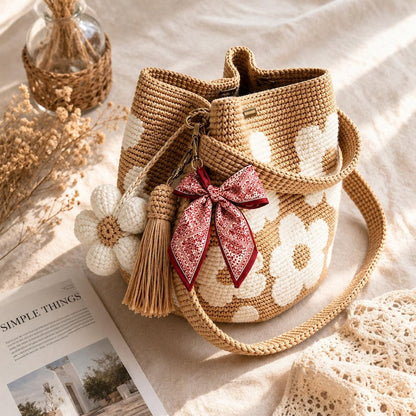 Handmade Crochet Flower Tote Knit, Summer Vacation Travel Floral Purse Bag, Boho Beach Handbags, for Women Vacation