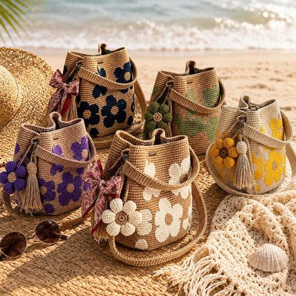 Handmade Crochet Flower Tote Knit, Summer Vacation Travel Floral Purse Bag, Boho Beach Handbags, for Women Vacation
