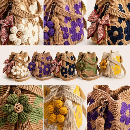 Handmade Crochet Flower Tote Knit, Summer Vacation Travel Floral Purse Bag, Boho Beach Handbags, for Women Vacation